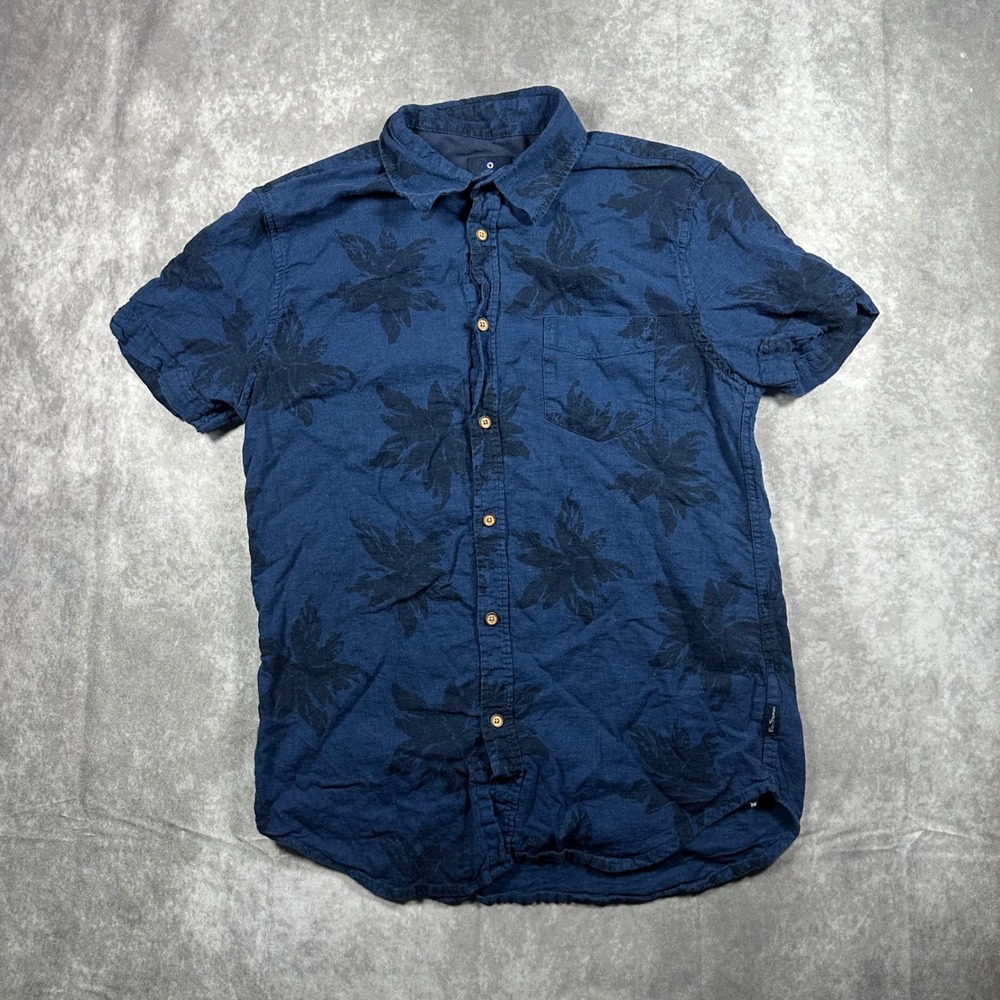 Ben Sherman Mens M Blue Floral Linen Blend Short Sleeve Button Down Resort Shirt